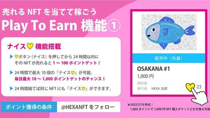 HEXA：売れるNFTを当てるとポイントが貰える「Play To Earn機能①」を搭載