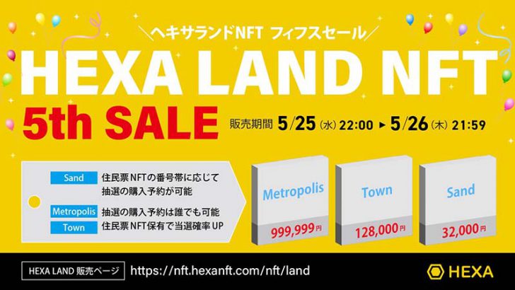 HEXA LAND NFT 第5回目の販売「5月25日から24時間限定」で実施へ