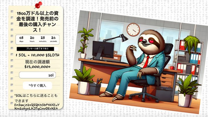 Solana系の最新ミームコインSLOTHがプレセールで1500万ドルを調達！上場前に購入できるラストチャンス